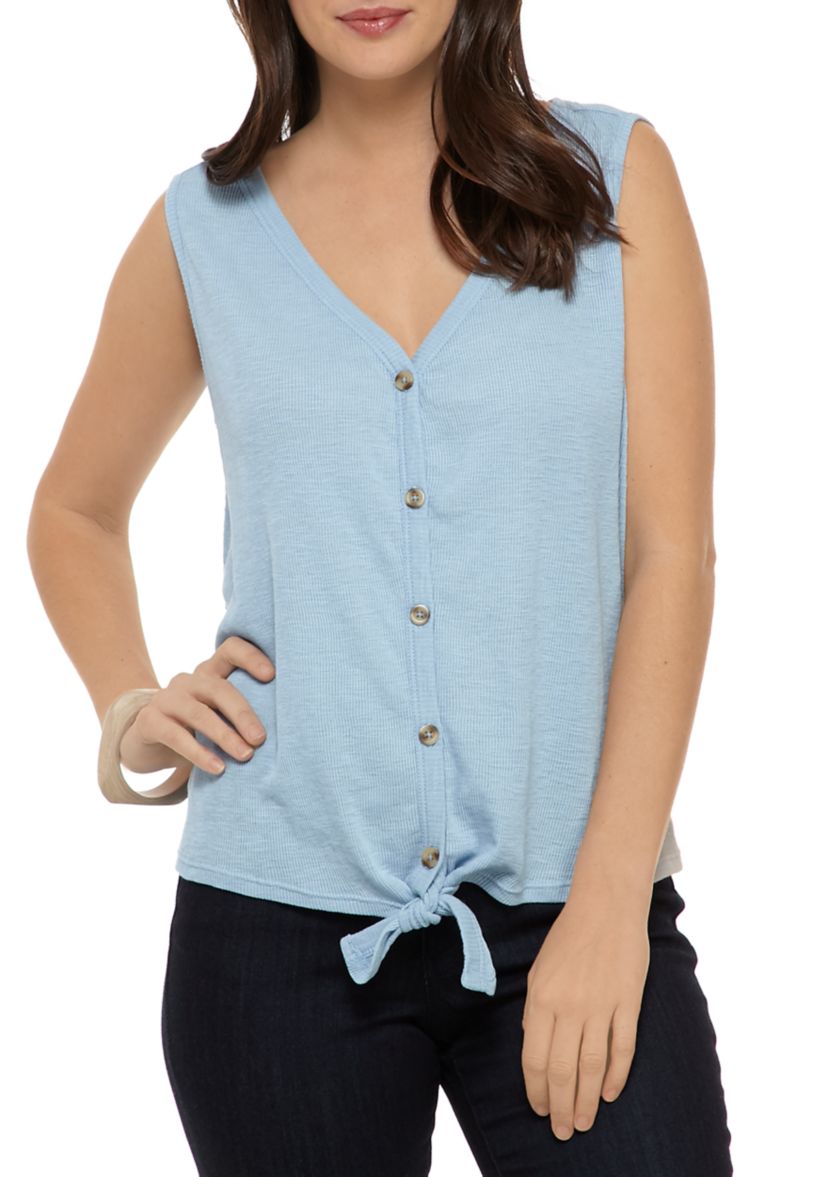 Womens Sleeveless Button Front Tie Tank Top
