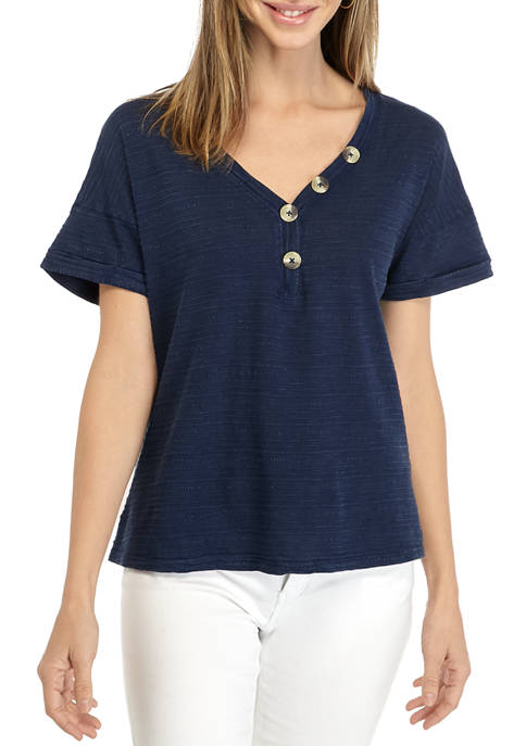 New Directions® Womens Textured Button Front T-Shirt