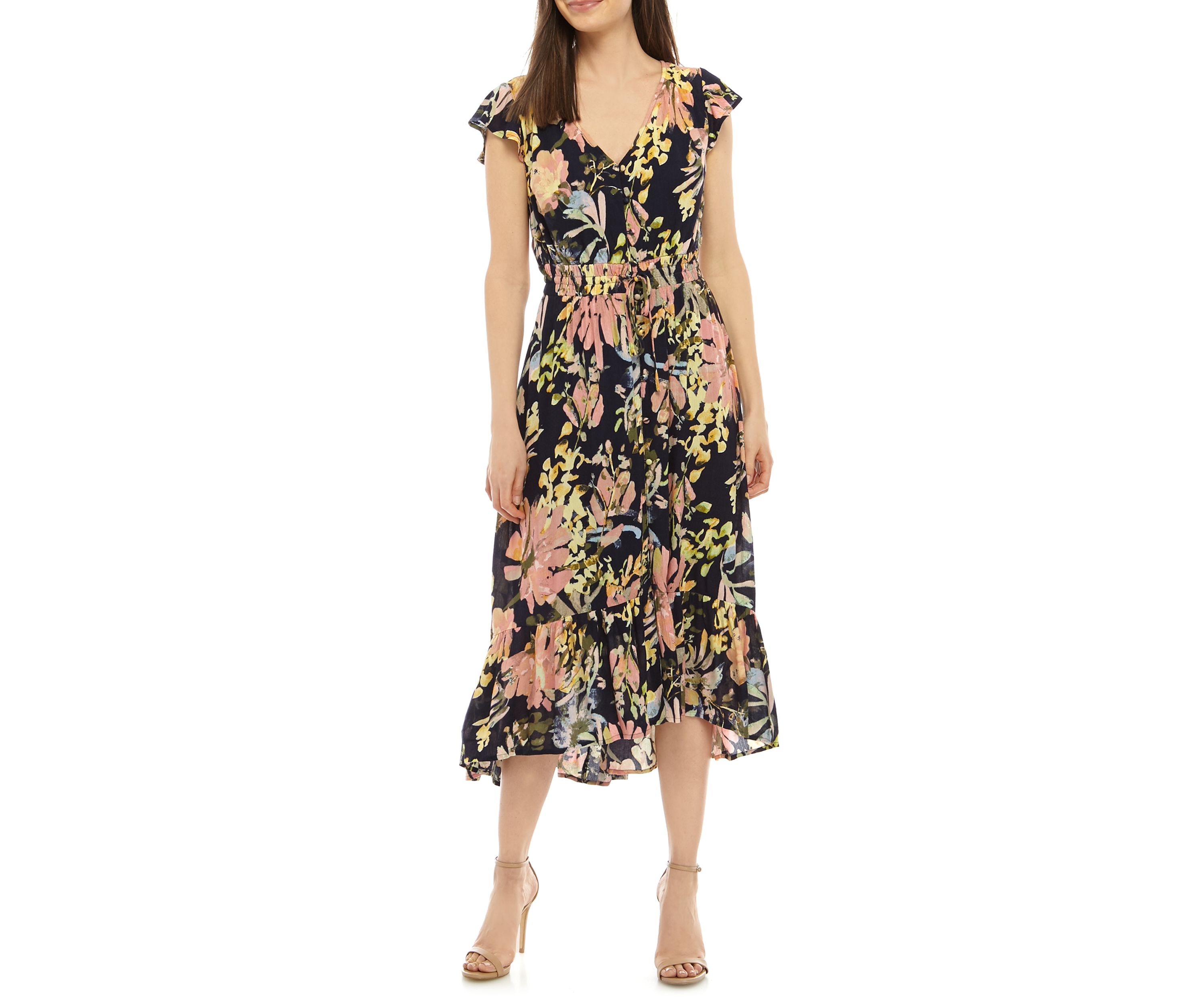 Womens Flutter Sleeve Midi Dress