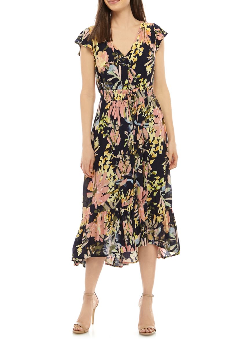 Womens Flutter Sleeve Midi Dress
