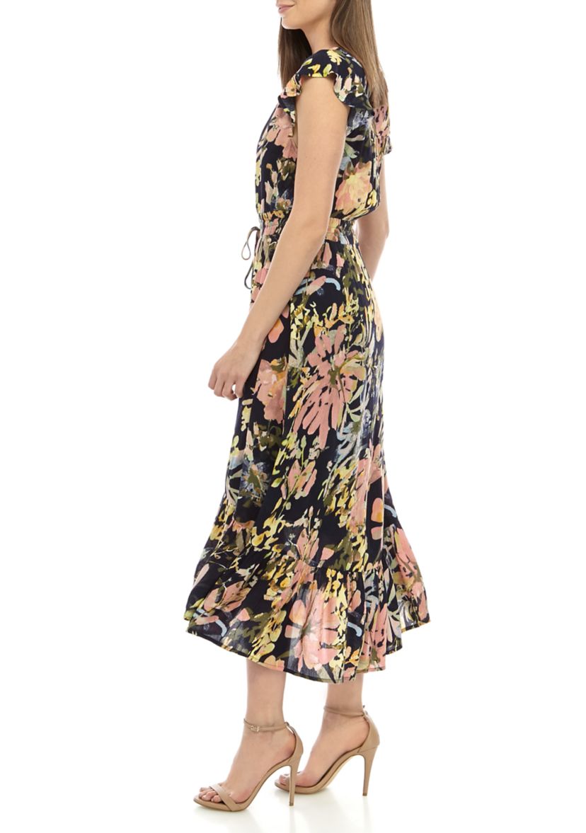 Womens Flutter Sleeve Midi Dress