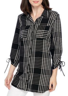 kim rogers 3 4 roll tab sleeve plaid zip to