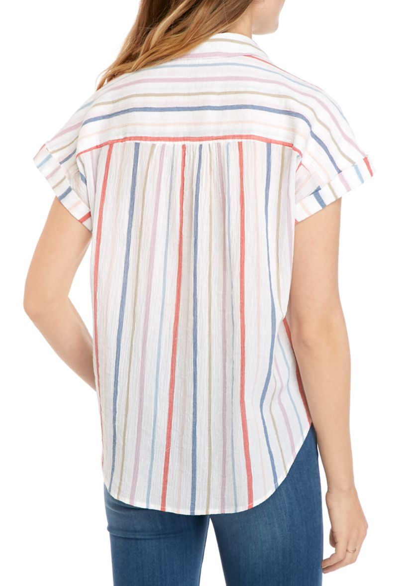 Womens Dolman Button Tie Front Yarn Dye Top