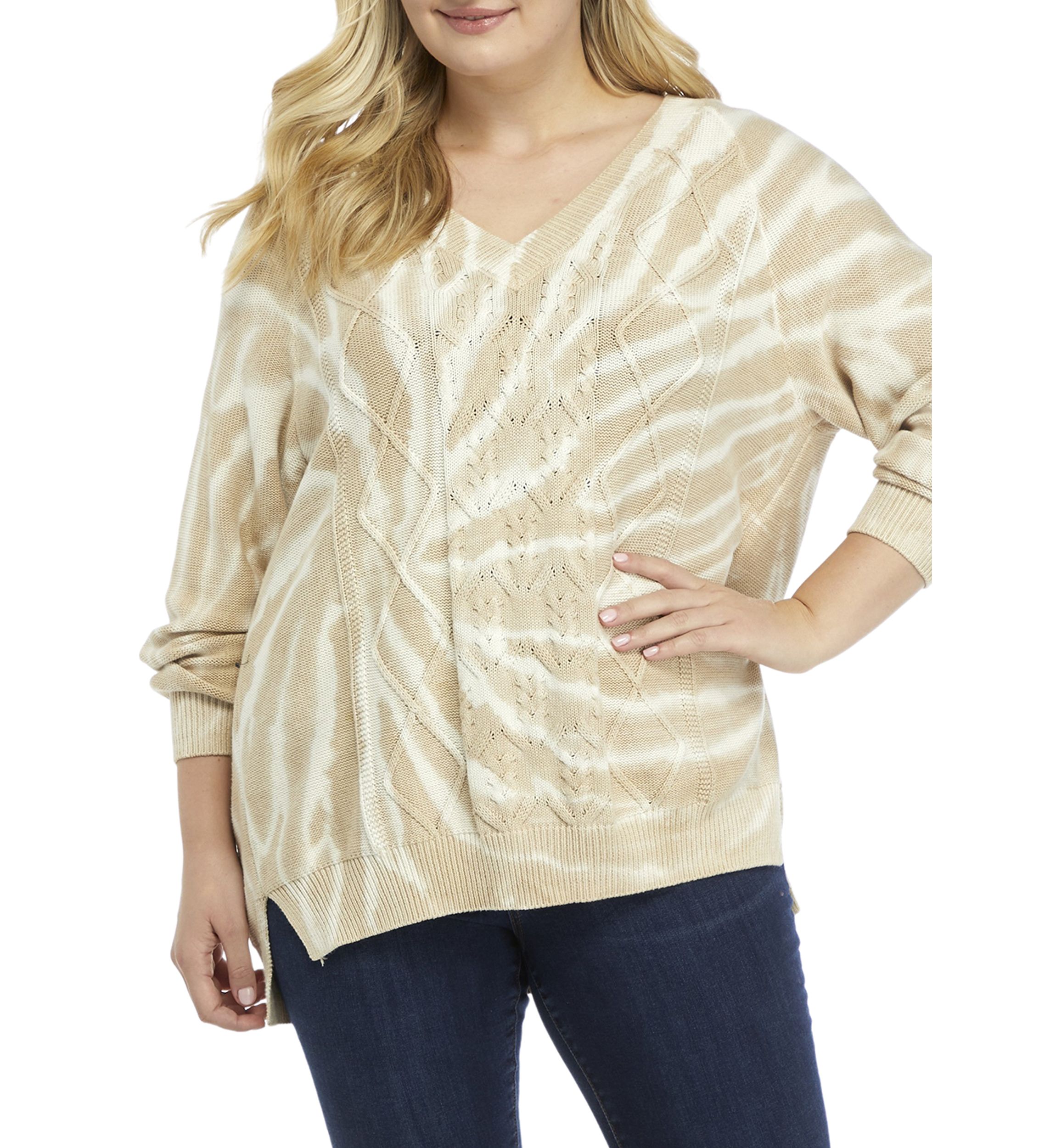 Plus Size Drop Shoulder Tie Dye Cable Knit Sweater