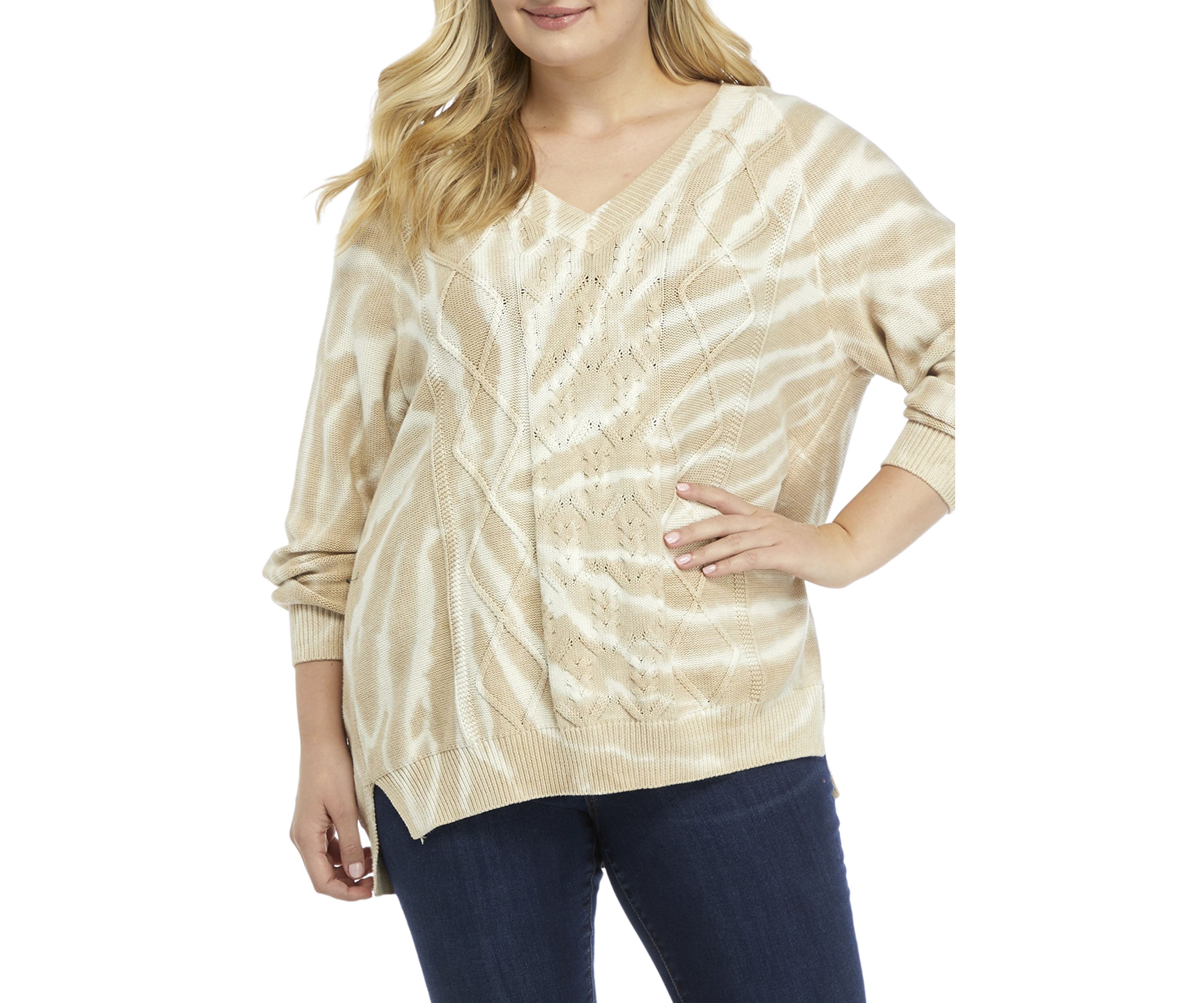 Plus Size Drop Shoulder Tie Dye Cable Knit Sweater