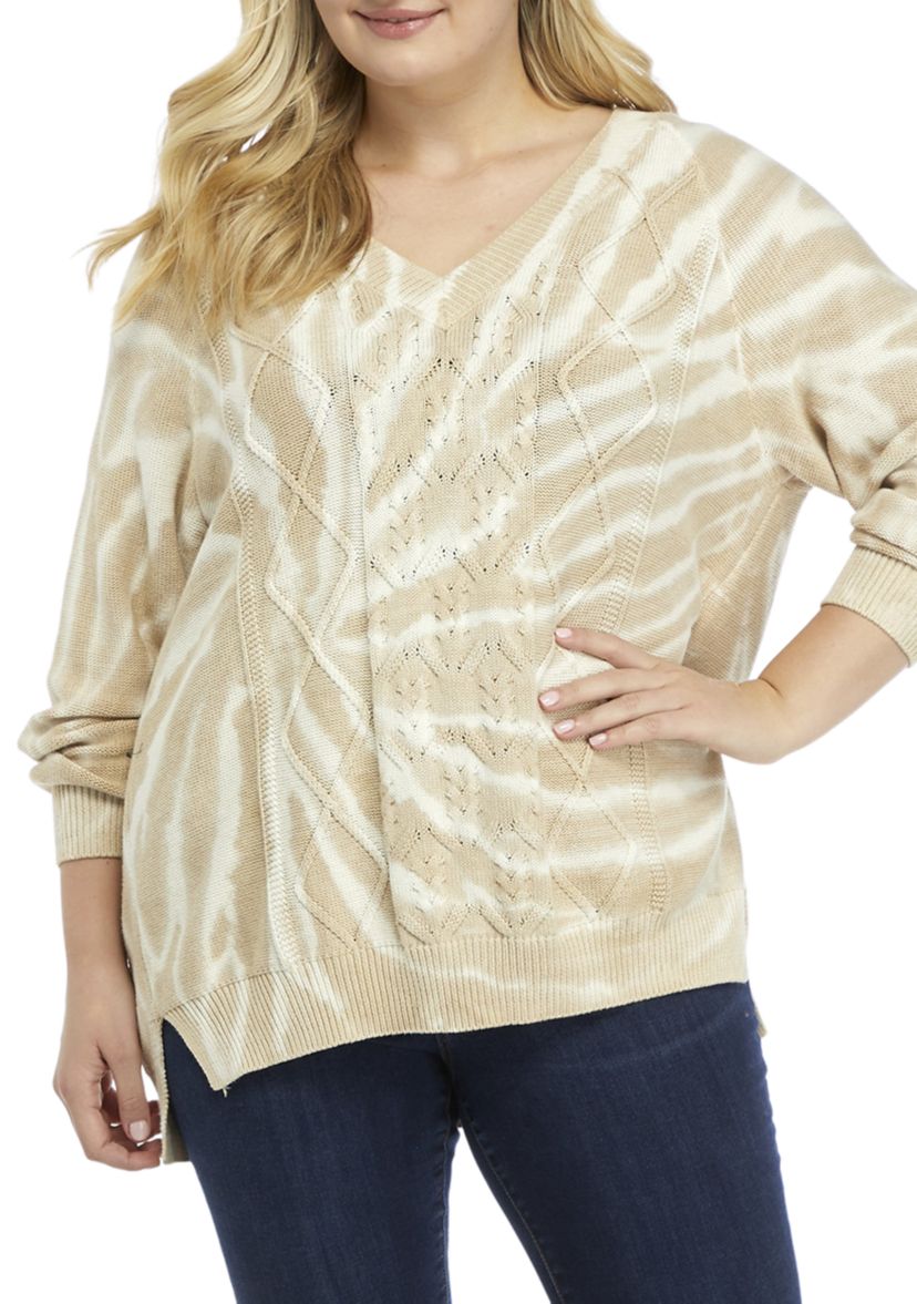 Plus Size Drop Shoulder Tie Dye Cable Knit Sweater