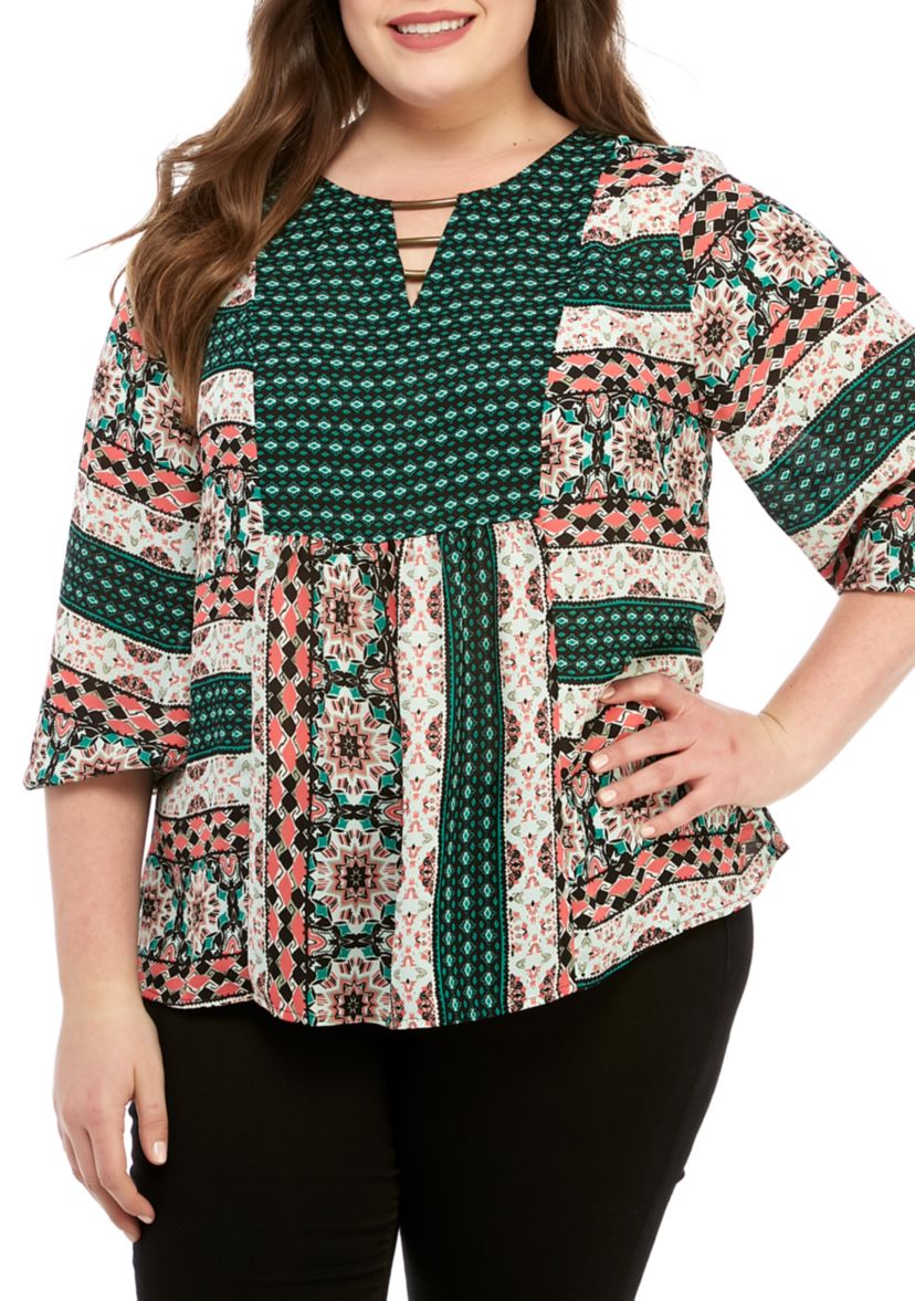 Plus Size 3/4 Sleeve Mixed Print Blouse