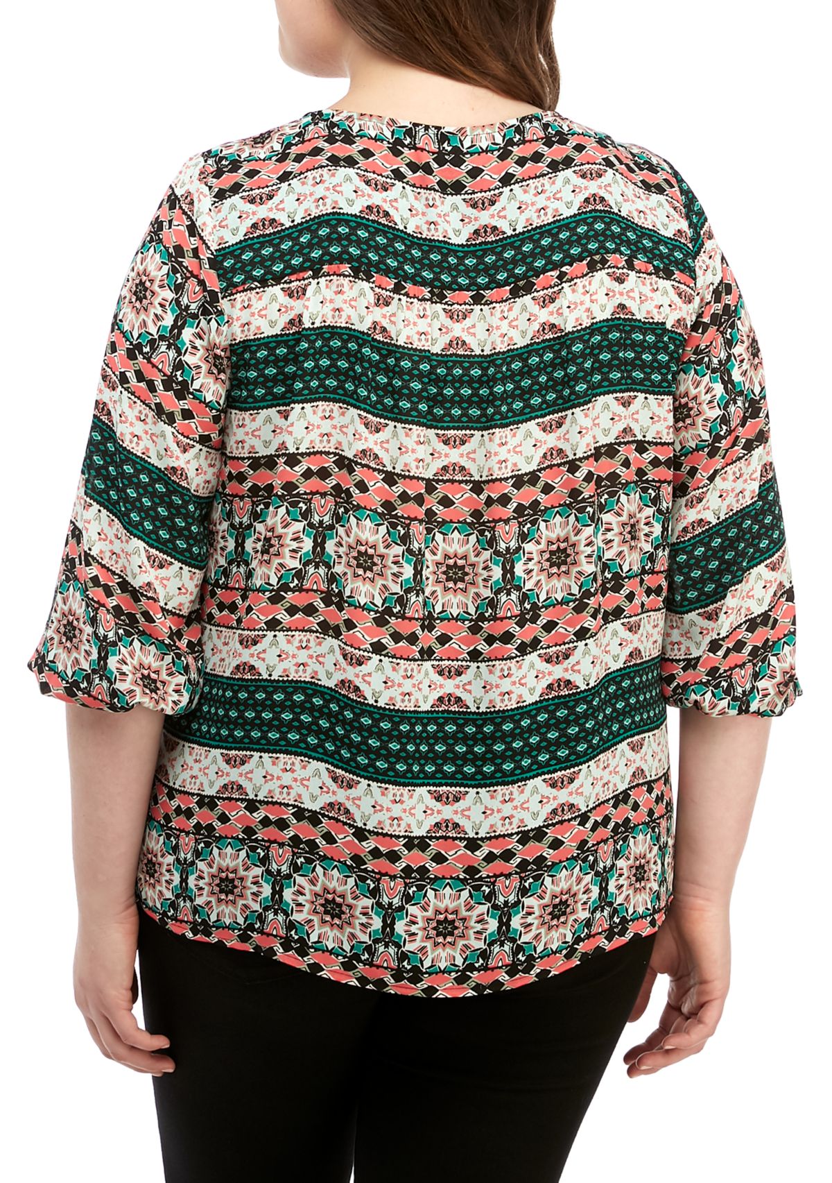 Plus Size 3/4 Sleeve Mixed Print Blouse