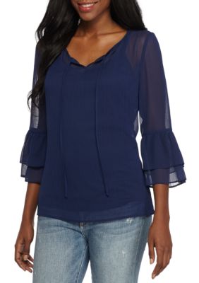 New Directions® Three-Quarter Bell Sleeve Chiffon Blouse | belk