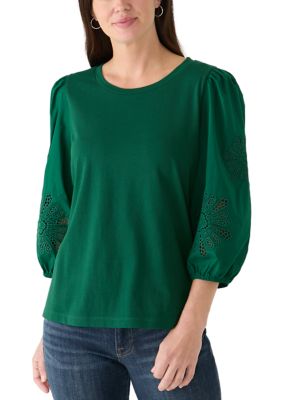 Crown & Ivy Women's 3/4 Embroidered Sleeve Crew Neck Shirt