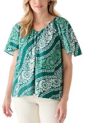 Crown & Ivy Women's Short Sleeve Gathered V-Neck Top, Green, Small