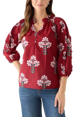 Crown & Ivy Women's Three-Quarter Ruffle Sleeve Top