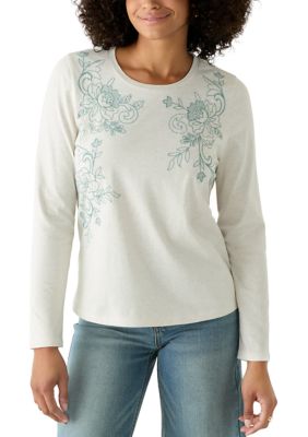 Wonderly Women's Long Sleeve Embroidered T-Shirt, Ivory, XXL
