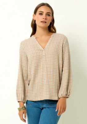 Single Stitch Women's V-Neck Plaid Peasant Top, Small