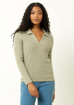 Single Stitch Women's Classic Ribbed V-Neck Sweater with Collar, Sage, Large