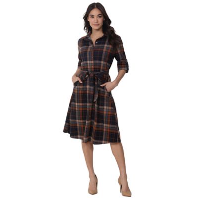 Single Stitch Women's Button Front Belted Plaid Midi Dress, Navy Blue, XL
