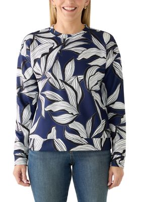 Caribbean Joe Women's Striped Hem Printed Pullover Sweatshirt, Navy Blue, XL