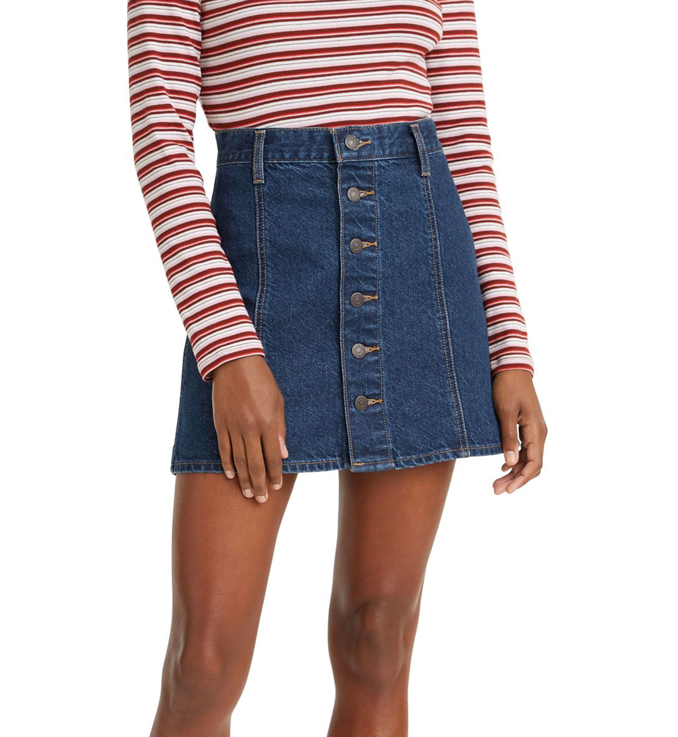 A Line Button Front Denim Skirt 