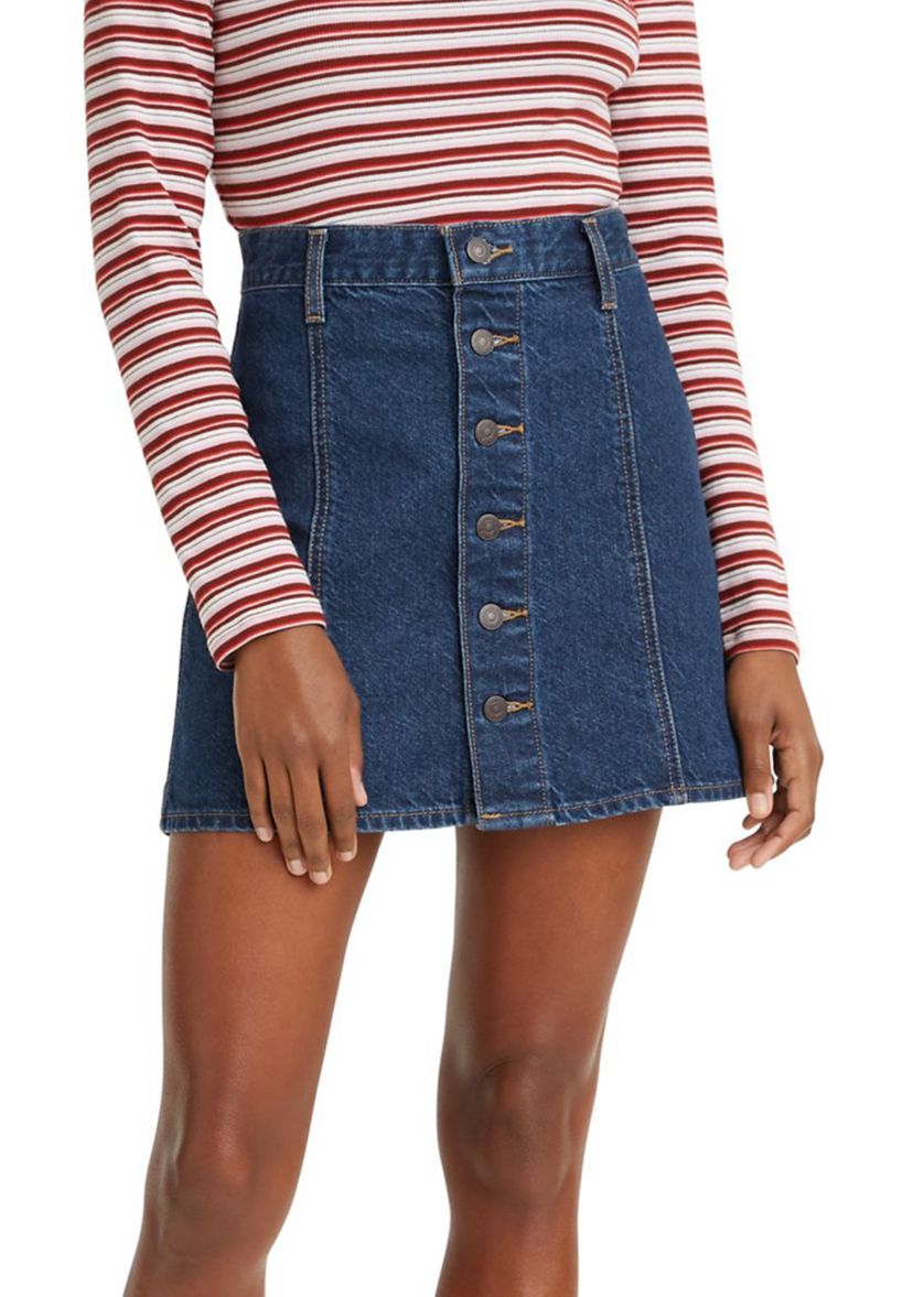 A Line Button Front Denim Skirt 