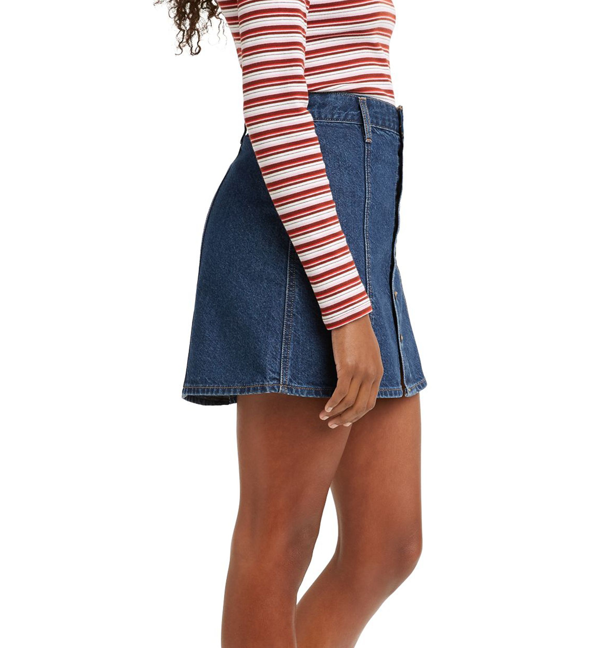 A Line Button Front Denim Skirt 