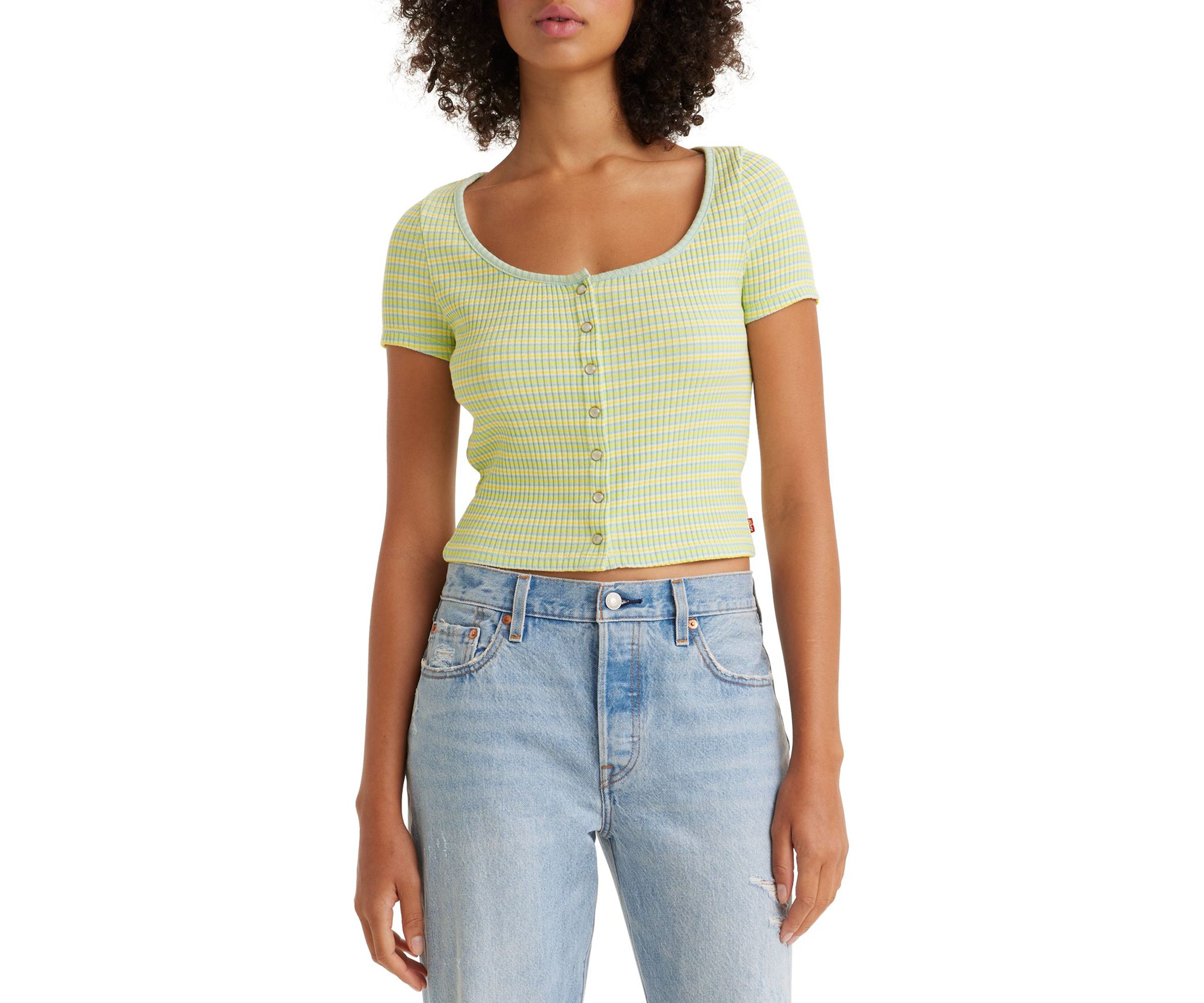 Womens Tab Stripe Pastel Ribbed Cropped Shirt
