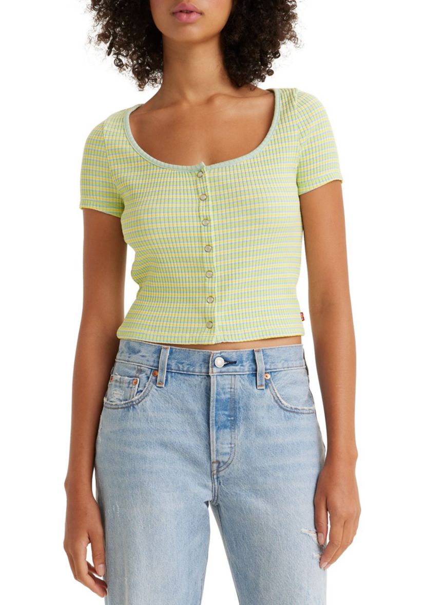 Womens Tab Stripe Pastel Ribbed Cropped Shirt