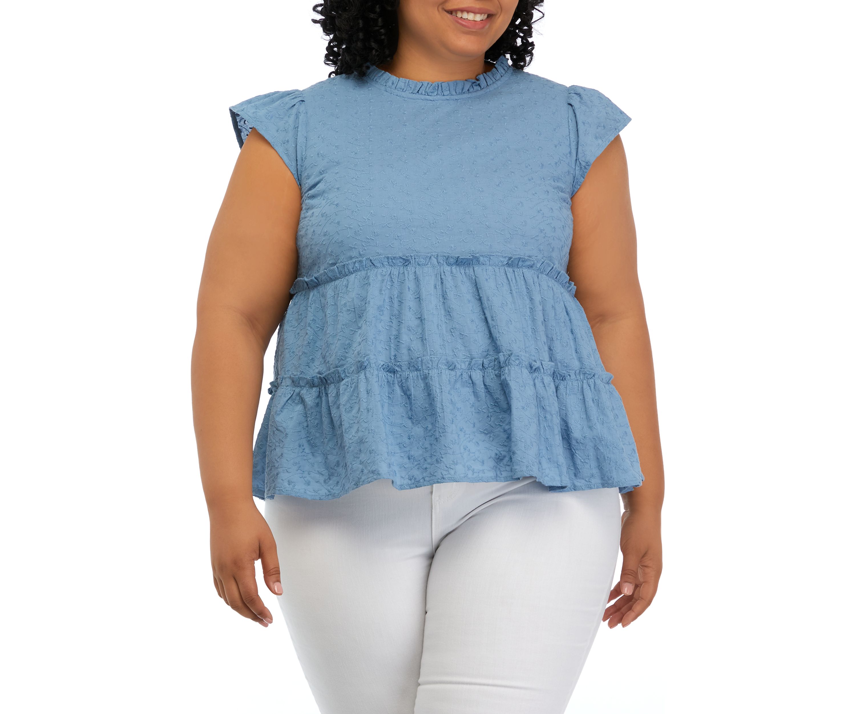 Plus Size Flutter Sleeve Tiered Woven Top