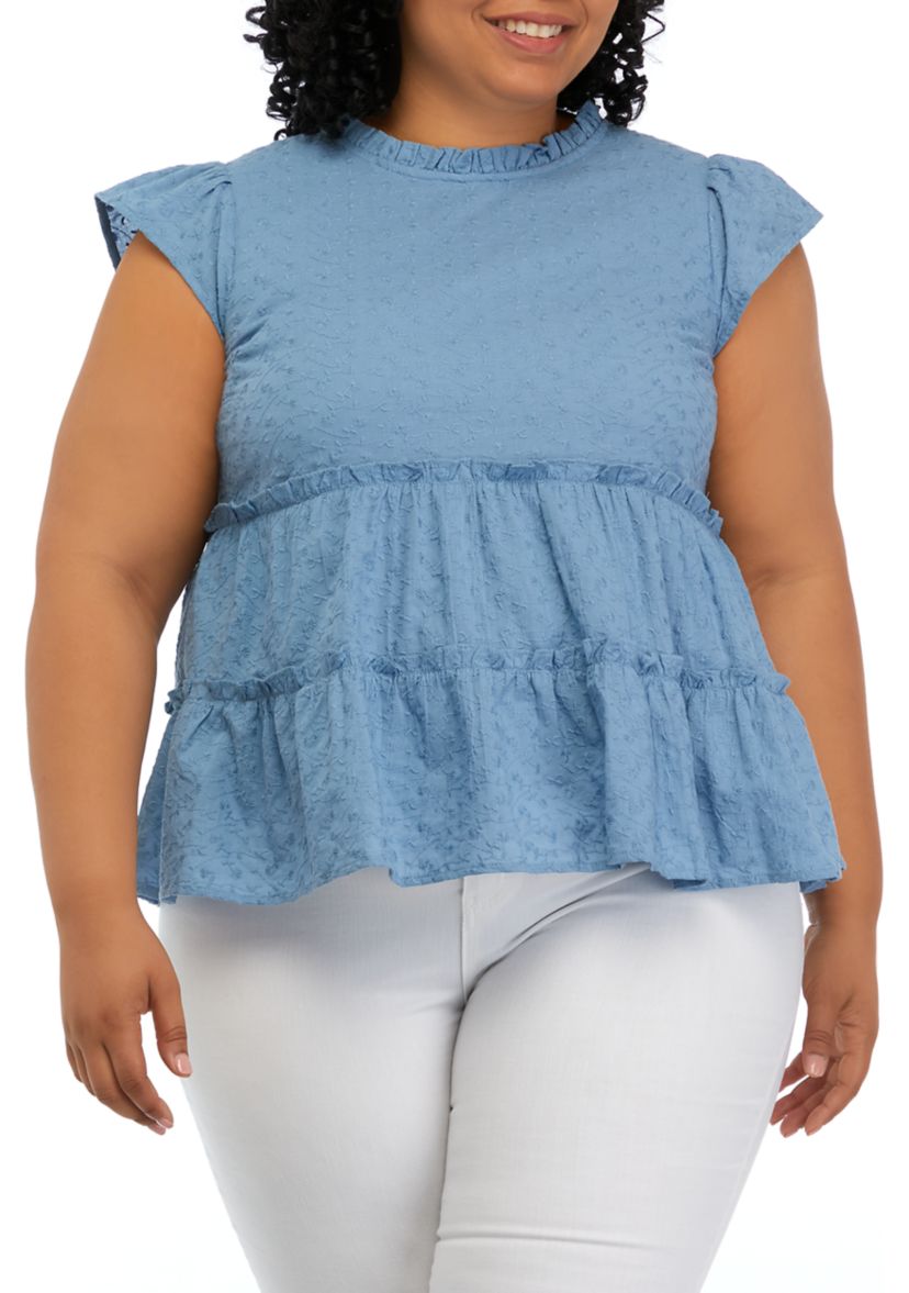 Plus Size Flutter Sleeve Tiered Woven Top