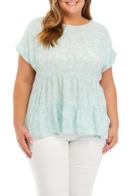 Plus Short Drop Shoulder Tiered Woven Top