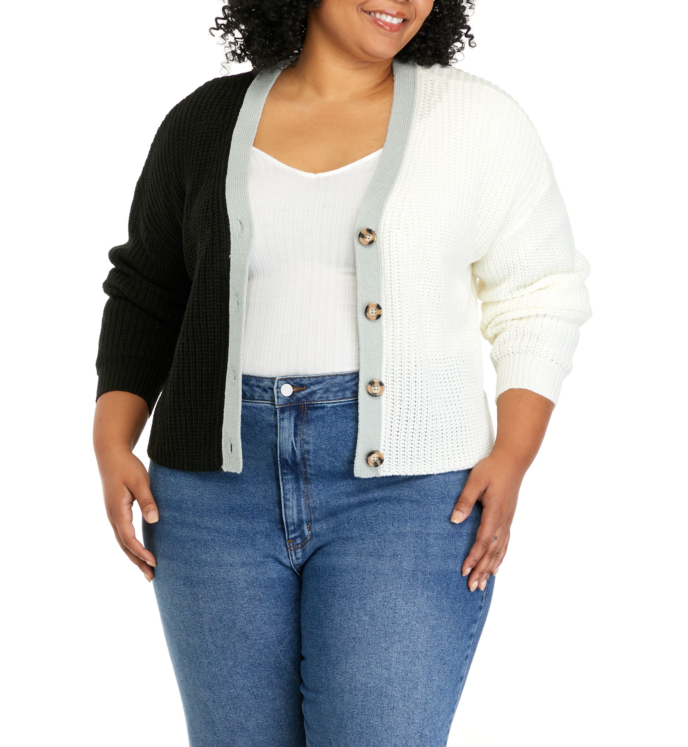 Plus Size Long Sleeve Color Block Cardigan