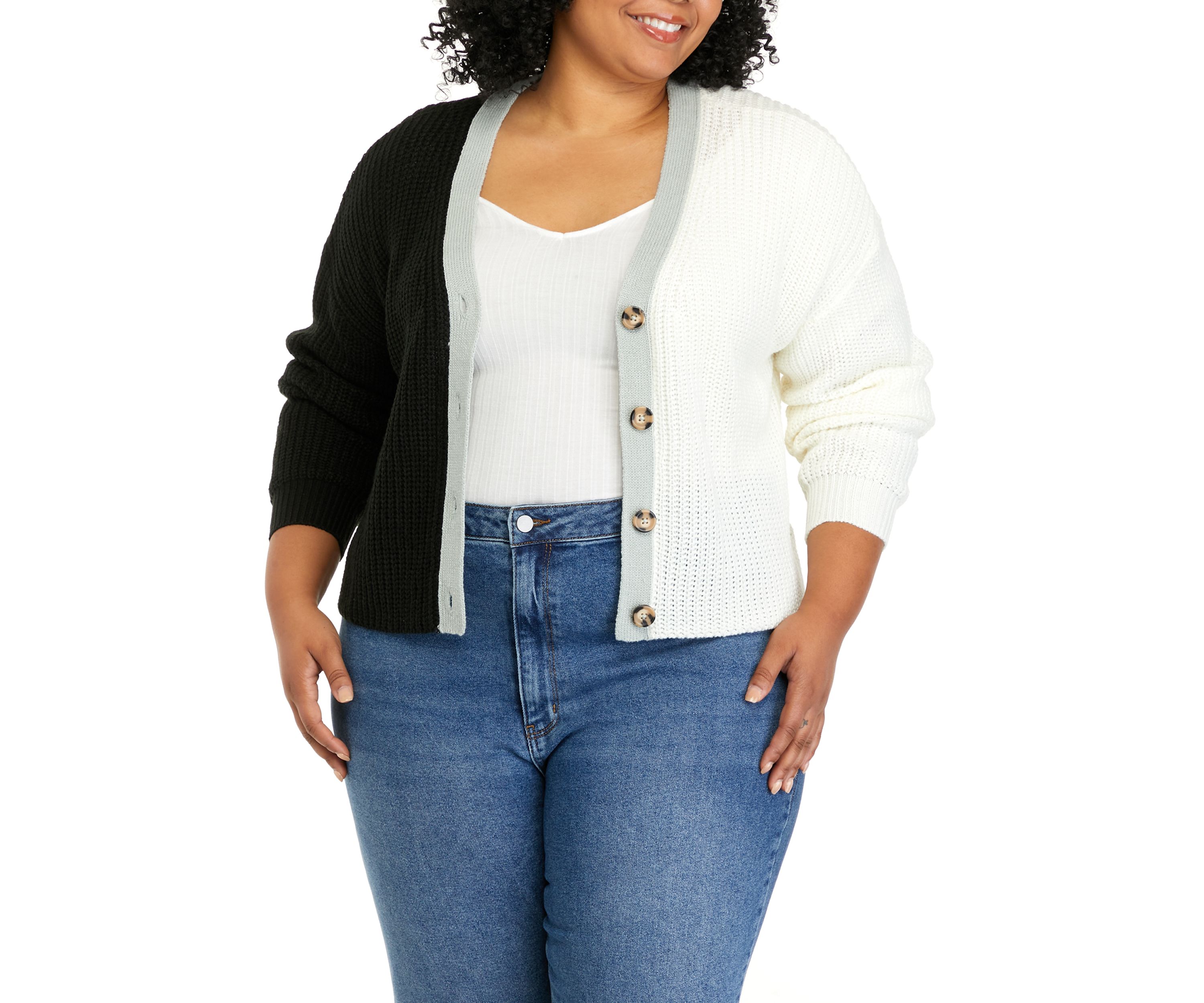 Plus Size Long Sleeve Color Block Cardigan