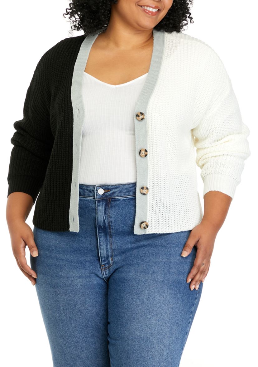 Plus Size Long Sleeve Color Block Cardigan