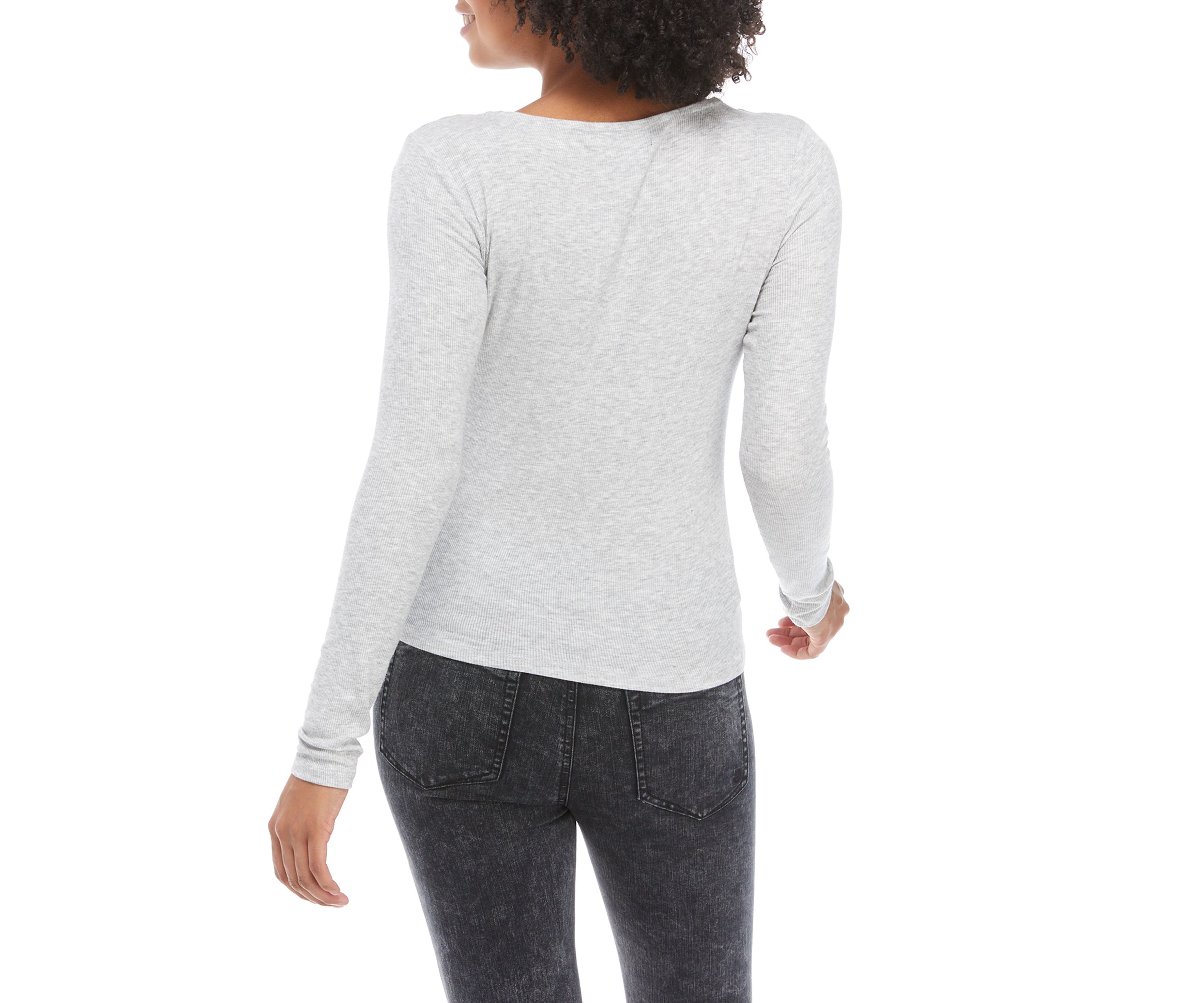 Juniors Long Sleeve Rib Knit Tie Front Top