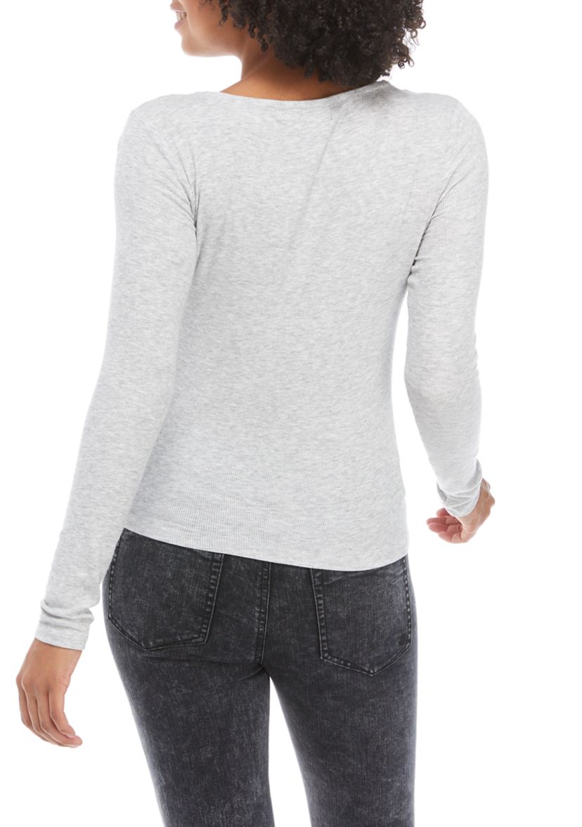 Juniors Long Sleeve Rib Knit Tie Front Top