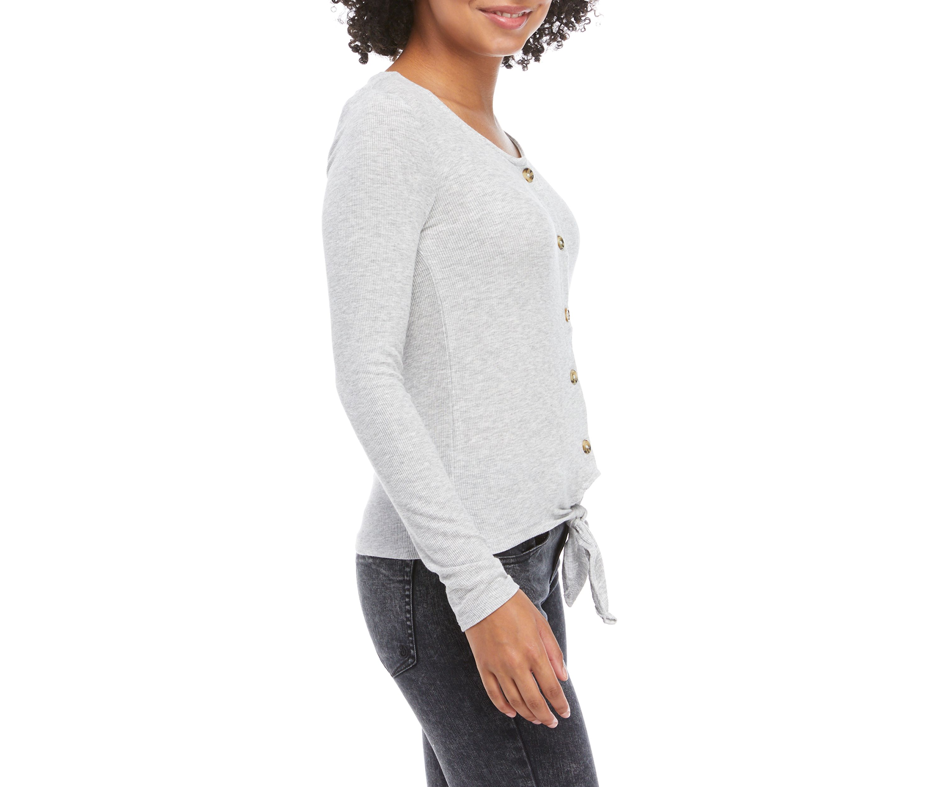 Juniors Long Sleeve Rib Knit Tie Front Top