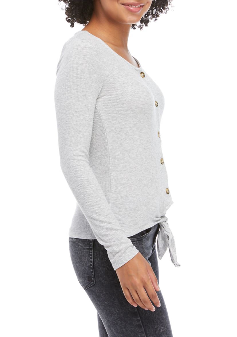 Juniors Long Sleeve Rib Knit Tie Front Top