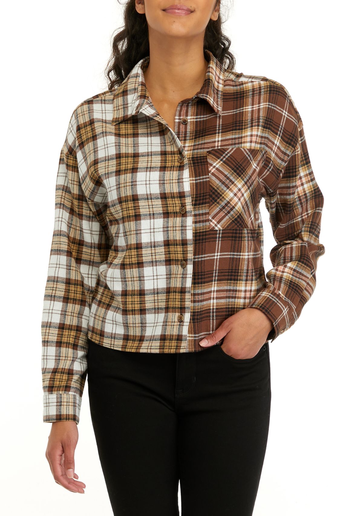 Juniors Long Sleeve Cropped Woven Printed Button Down Shirt 