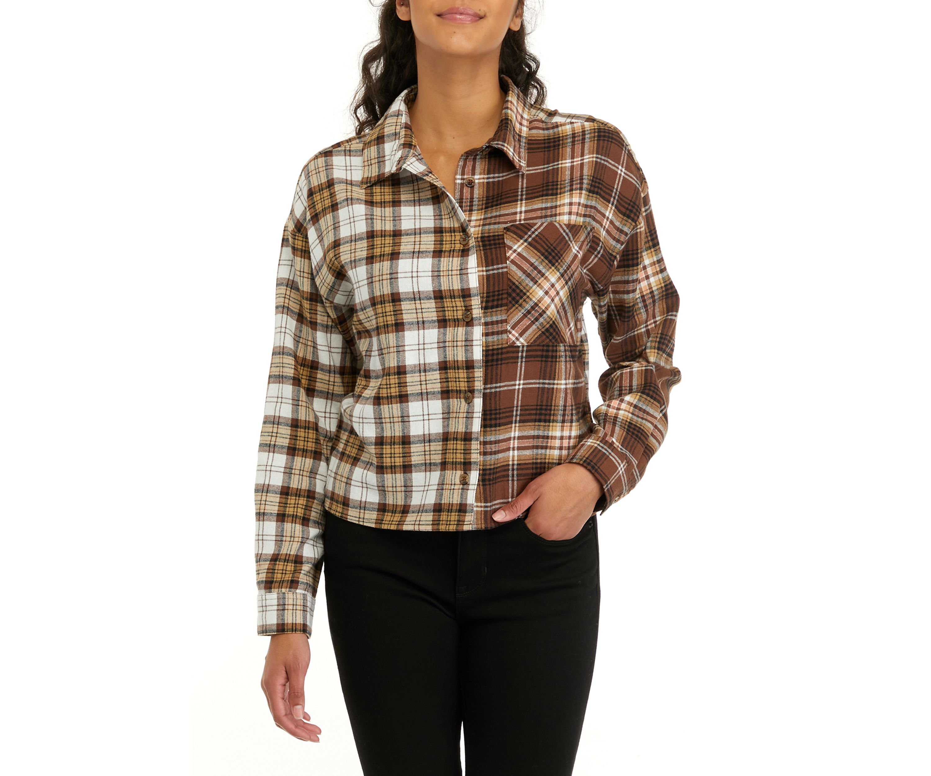 Juniors Long Sleeve Cropped Woven Printed Button Down Shirt 