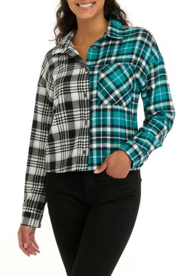 Juniors' Long Sleeve Cropped Woven Printed Button Down Shirt
