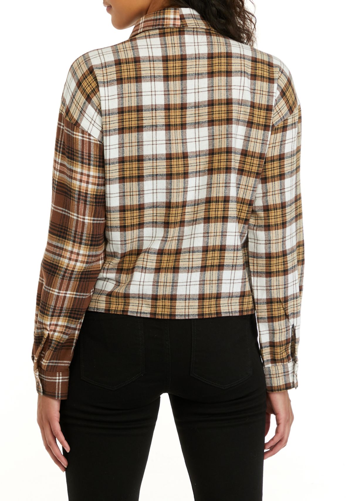 Juniors Long Sleeve Cropped Woven Printed Button Down Shirt 