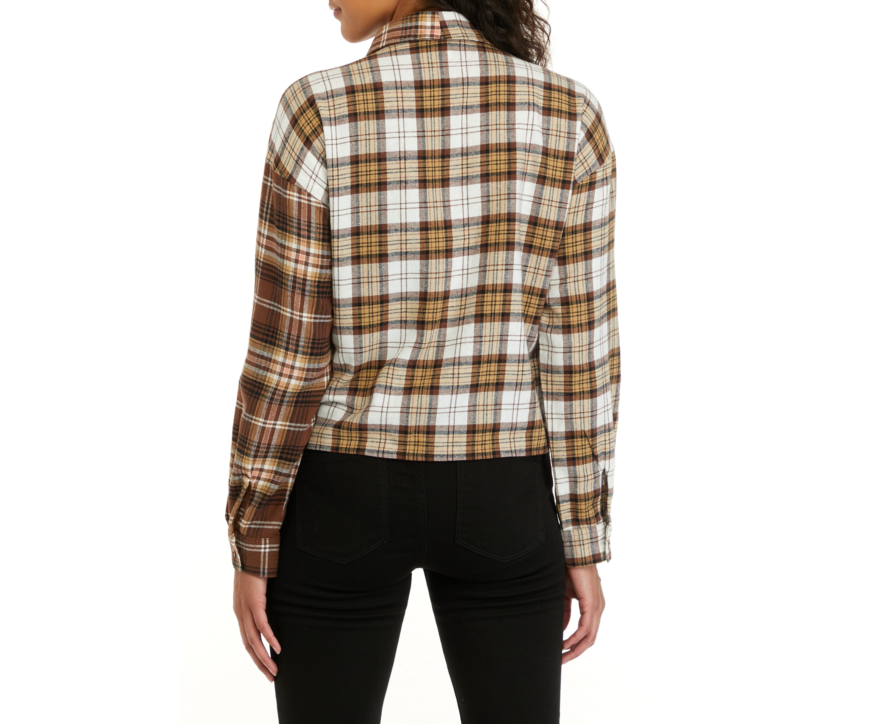 Juniors Long Sleeve Cropped Woven Printed Button Down Shirt 