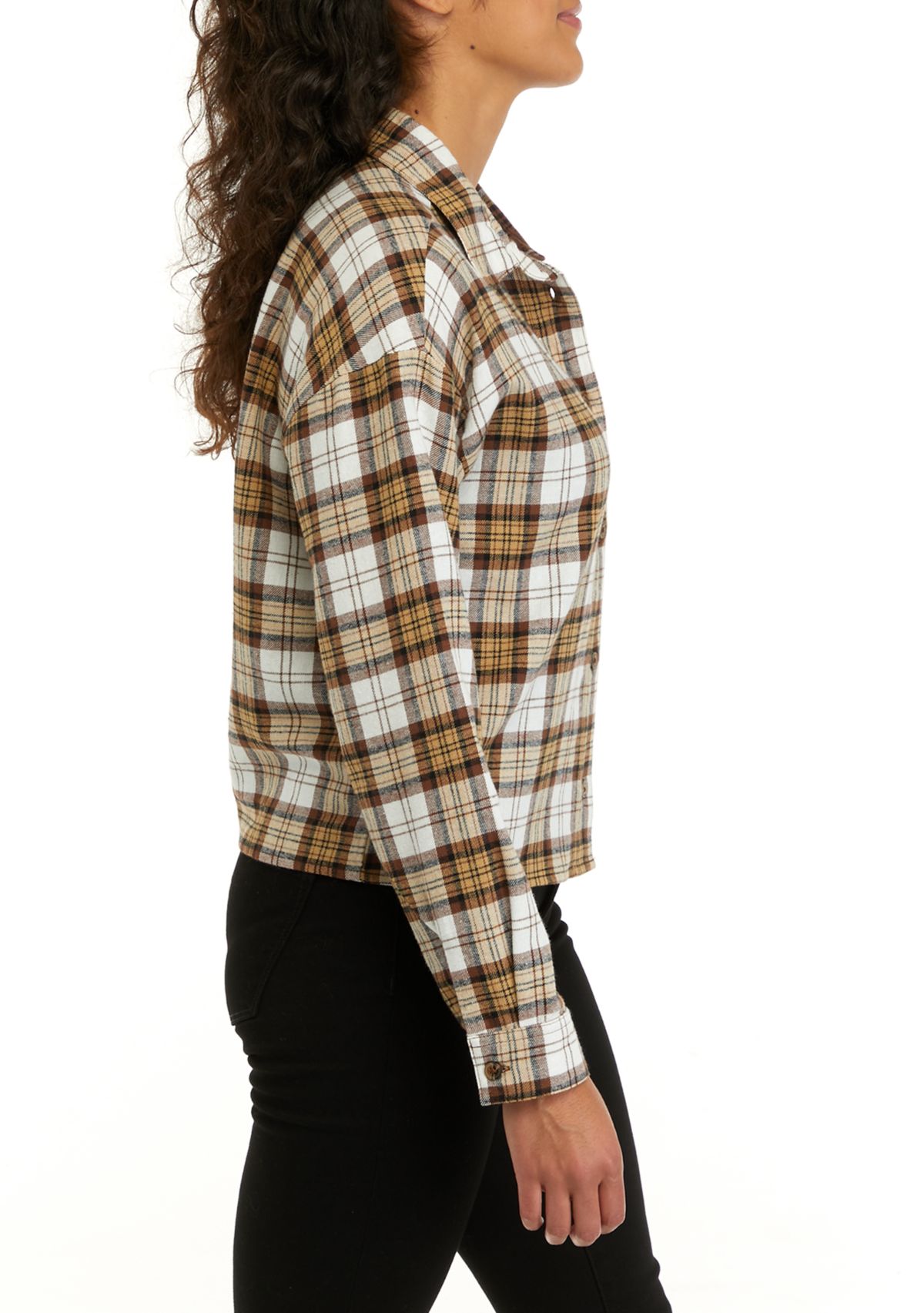 Juniors Long Sleeve Cropped Woven Printed Button Down Shirt 