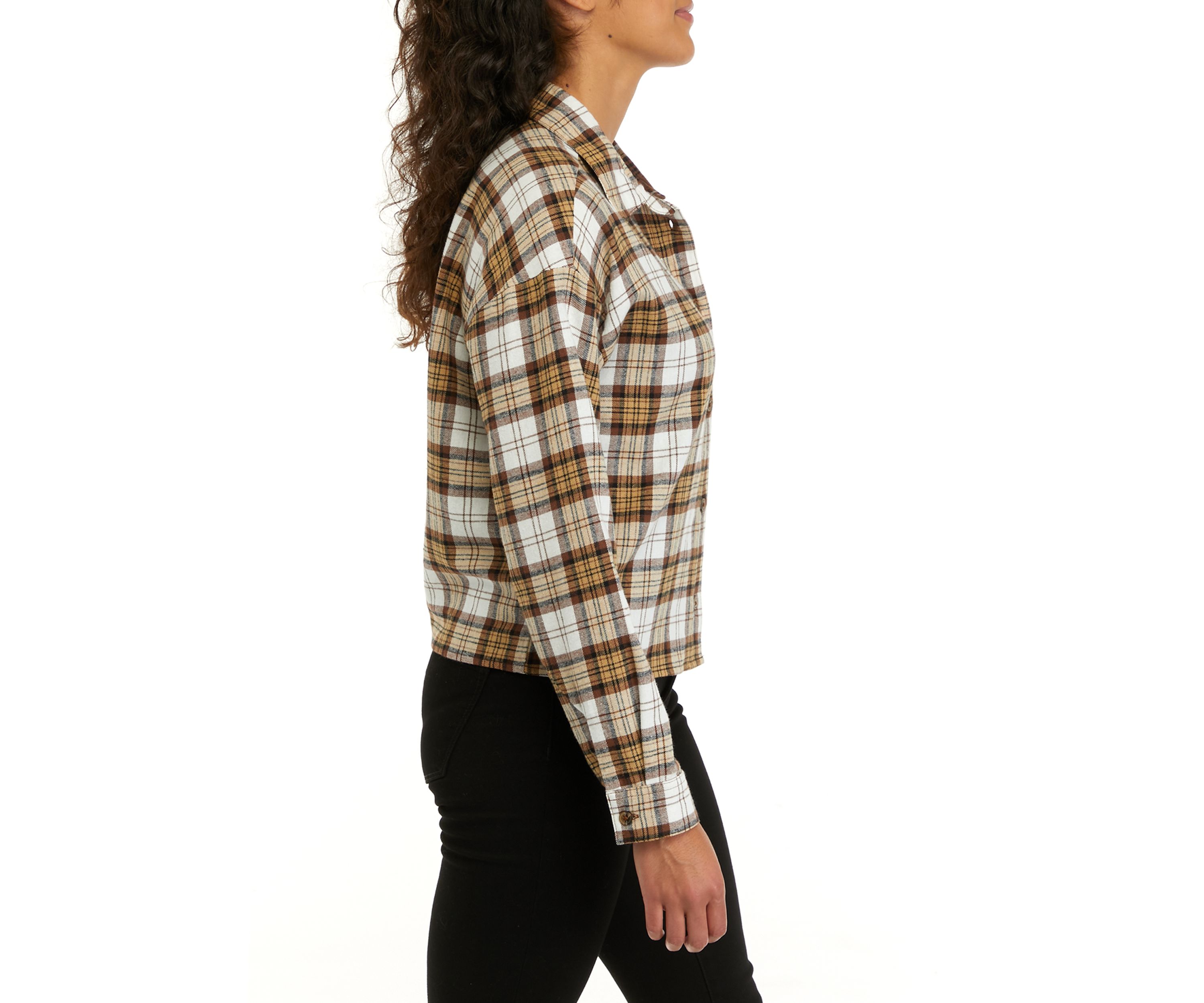 Juniors Long Sleeve Cropped Woven Printed Button Down Shirt 