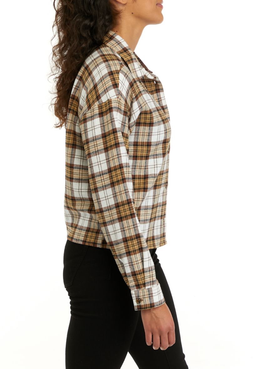 Juniors Long Sleeve Cropped Woven Printed Button Down Shirt 