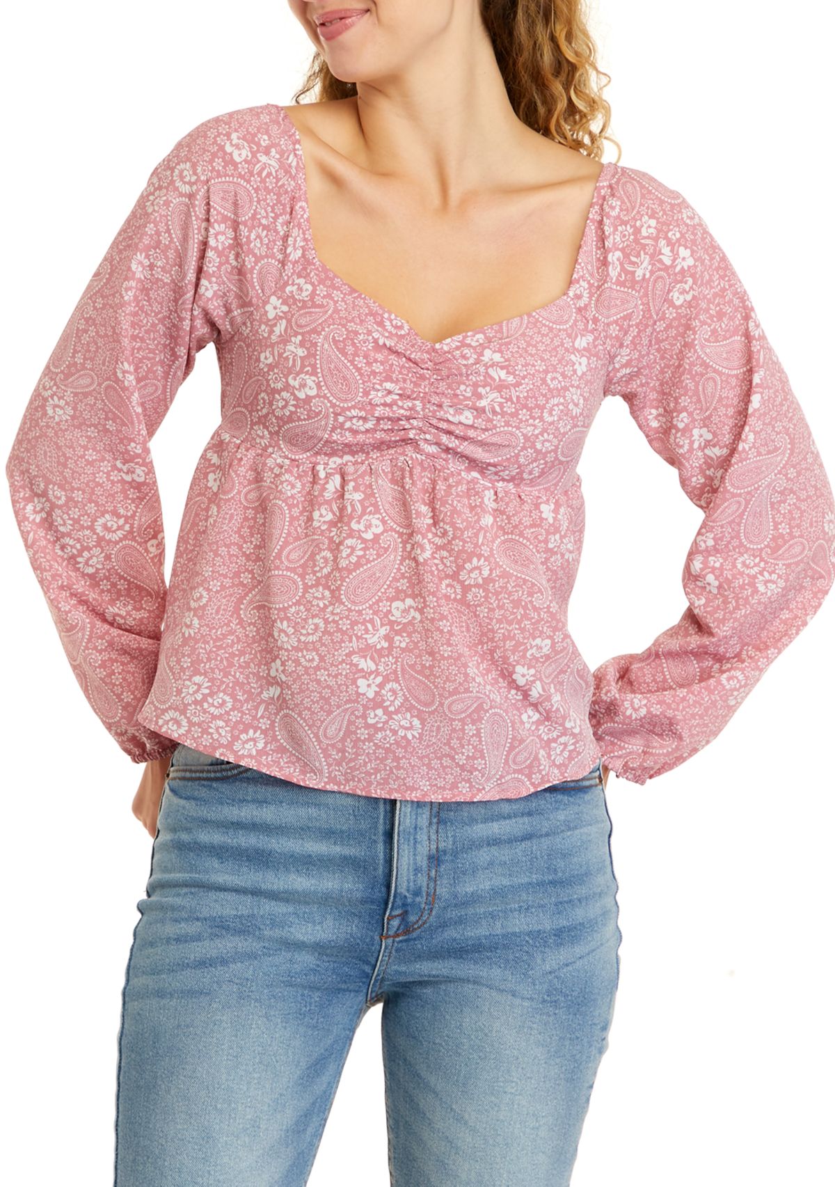 Juniors Long Sleeve Emma Cinched Peplum Top