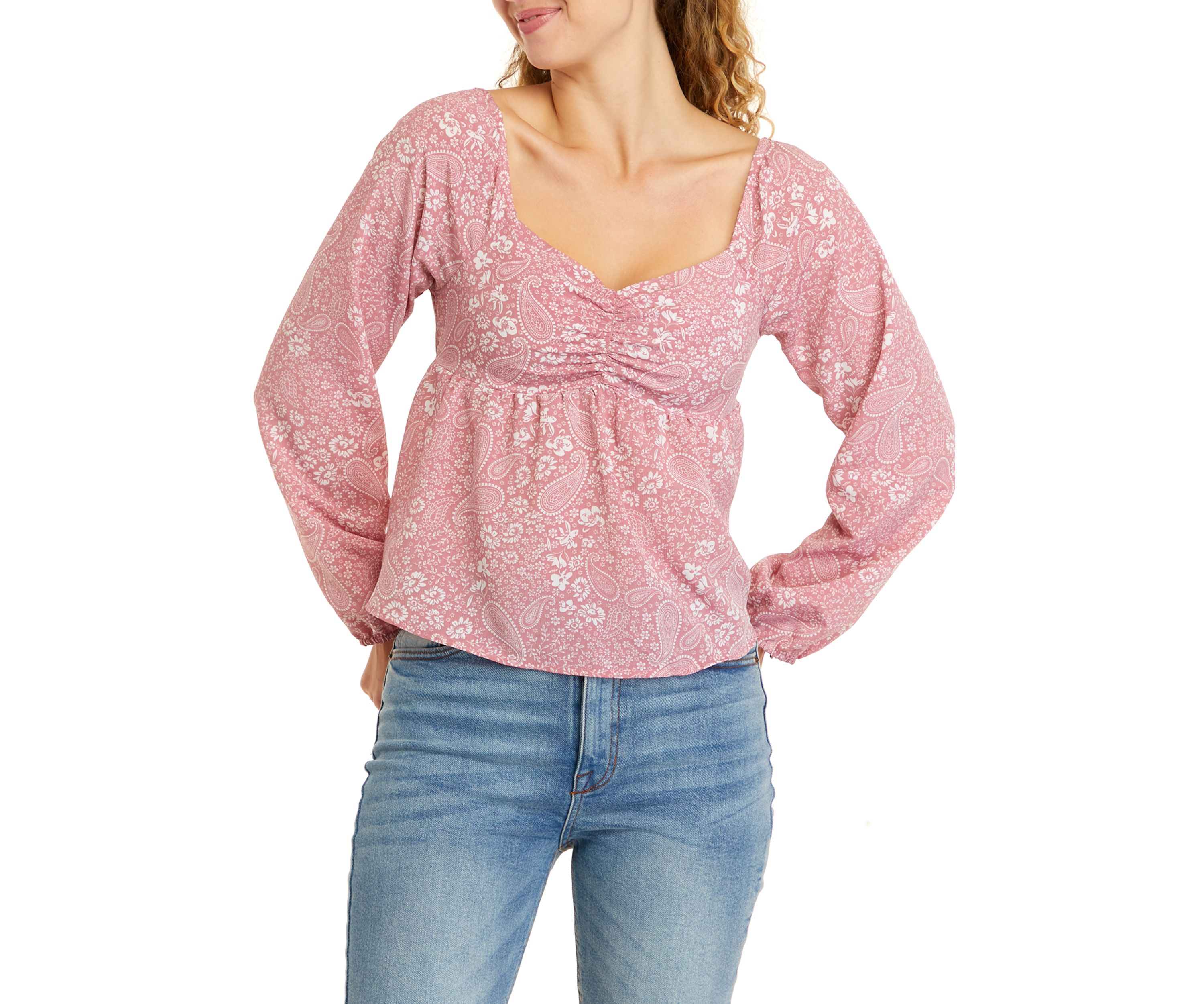 Juniors Long Sleeve Emma Cinched Peplum Top