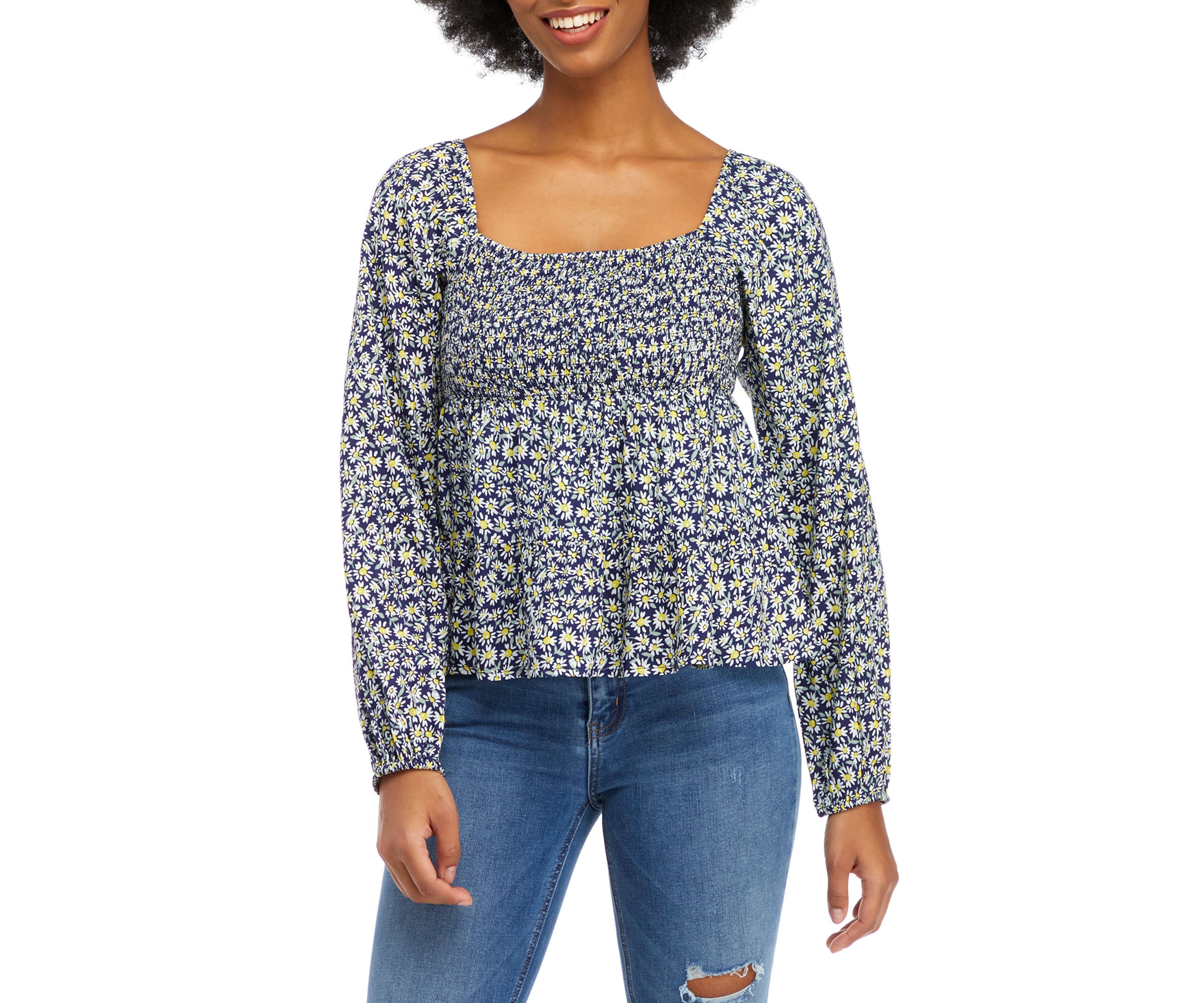 Juniors Long Sleeve Smocked Tiered Peplum Top
