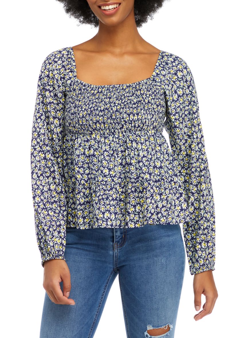 Juniors Long Sleeve Smocked Tiered Peplum Top