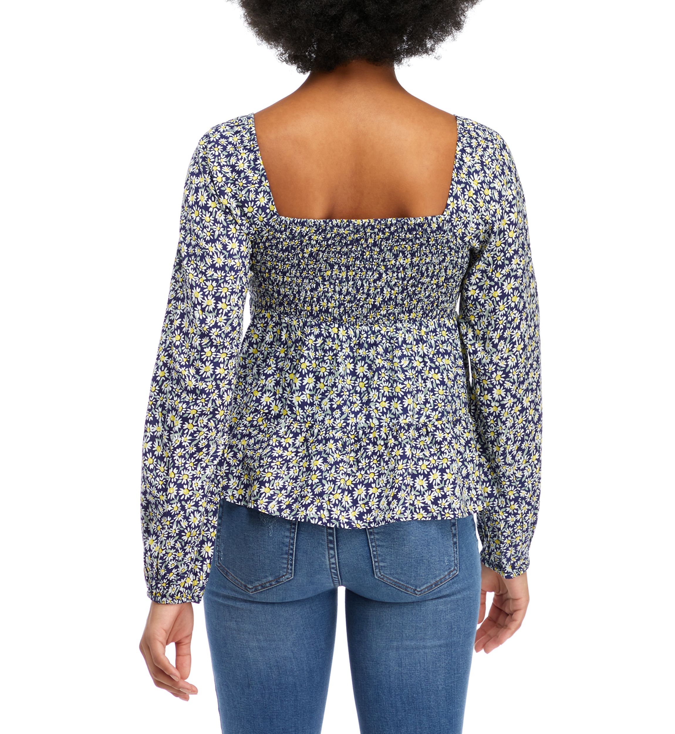 Juniors Long Sleeve Smocked Tiered Peplum Top