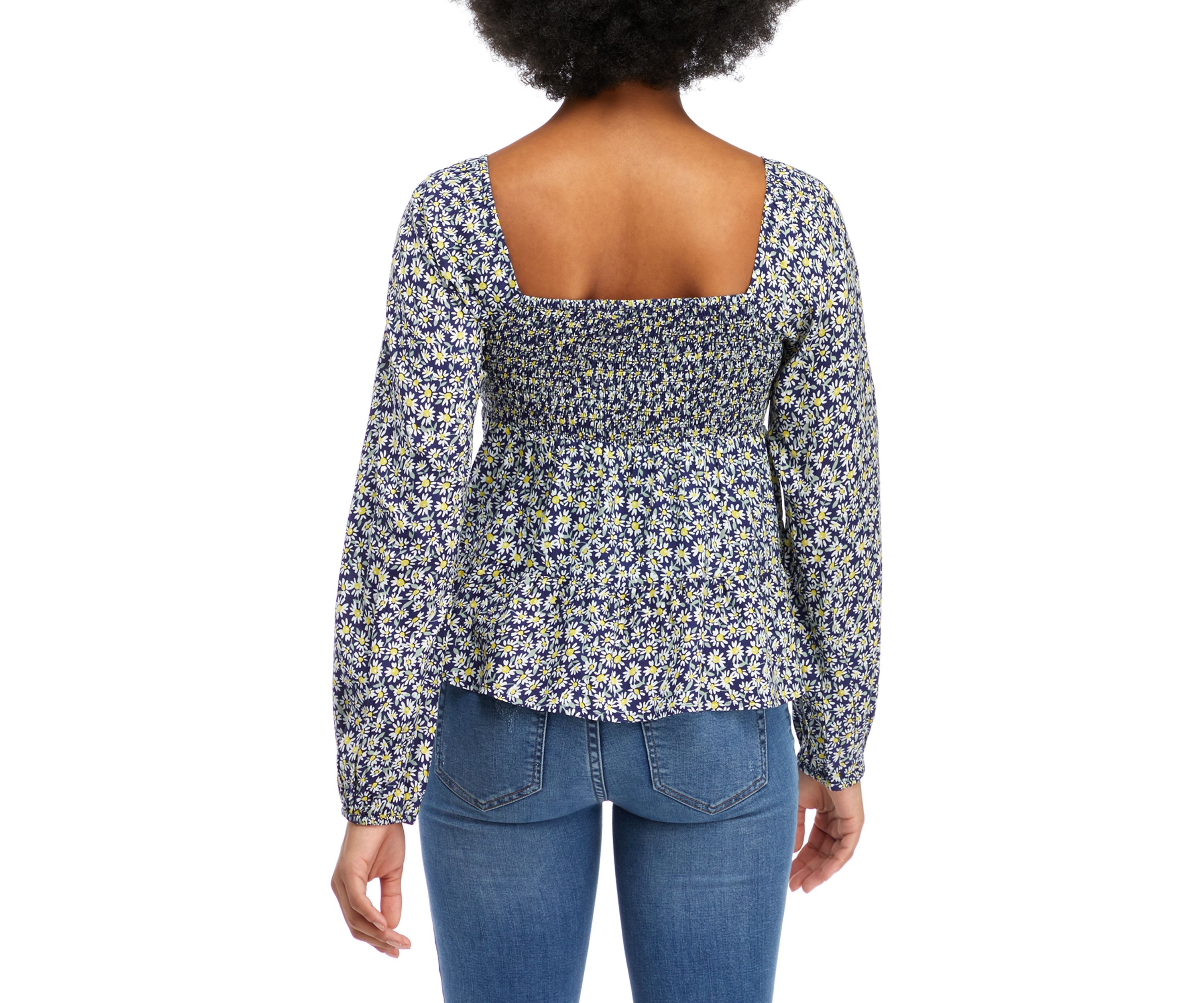 Juniors Long Sleeve Smocked Tiered Peplum Top